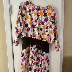 Vintage Oleg Cassini Silk B&W Polka Dot with Colorful Floral and Beaded Waist